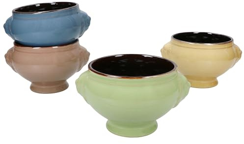MamboCat 4er Set Löwenkopf Suppentassen I 400ml, 0,4L I je 1x Gelb, Grün, Blau & Braun I Suppenterrine, Keramik Suppenschalen mit Löwenköpfen für Suppen, Eintöpfe & Servieren
