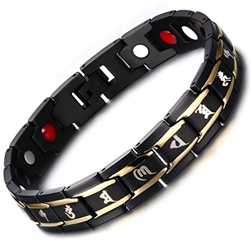 Flongo magnetarmband för män rostfritt stål sex bokstäver mantra buddhistisk hälso- och sjukvårdsterapi rostfritt stål armband armband armband magnet armband för män kvinnor present fars dag svart