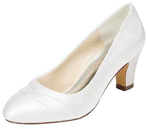 Emily Bridal Bröllopsskor dam satin tjock klack stängd tå, Elfenben, 40.5 EU