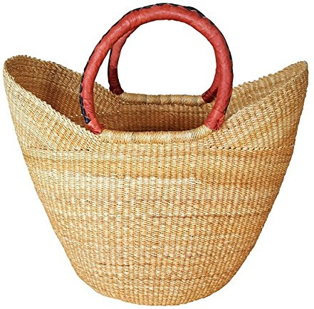 Large Dye Free Yikene Shopper -Ghana Bolga Basket Fair Trade - 16-19 Across - Black & Tan Handles