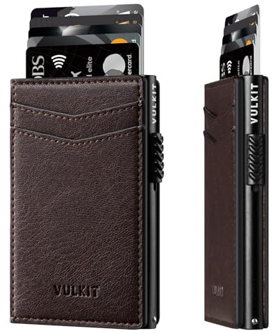 VULKIT Kreditkortshållare Läderkortplånbok RFID -blockering Automatisk Popup -visitkortfodral för Kort och Nnteckningar