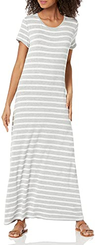Amazon Essentials Robe Très Longue Fluide à Manches Courtes Femme, Gris Chiné Tissu Rayé, L