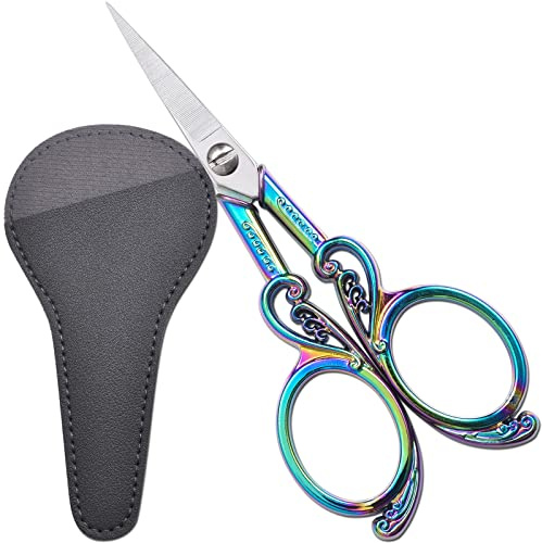 HITOPTY Embroidery Scissors, 4.5in Sharp Precision Craft Scissor with Sheath, Small Rainbow Vintage Shears for Sewing, Arts, Needlework, Cross Stitch, Thread Yarn Fabric Detail Cutting DIY Tools