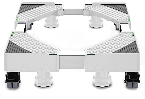 Upgrade Fridge Stand Mobile Base With 4 Locking Wheels And 4 Strong Feet HQO LOVL 27.5”-35.4” Adjustable Furniture Dolly for Washer Dryer Washing Machine Stand Pedestal, Refrigerator Stand(White)