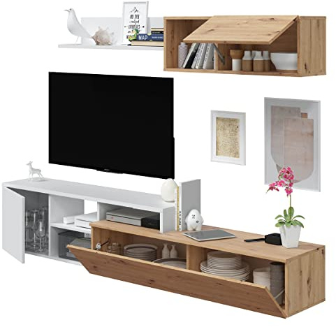 MarinelliGroup Parete attrezzata soggiorno moderna mobile TV pensile mensola sala pranzo salotto ROVERE NODI BIANCO 220 X 40 X 44 016647W