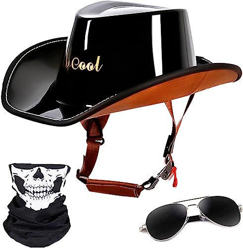 Motorrad Open Face Jet-Helm, Western-Cowboy-Hut mit breiter Krempe, Chopper Helm, Retro Motorrad Helm, Tourenhelm ECE/DOT Zertifizierung Halbhelme für Adults Herren Damen