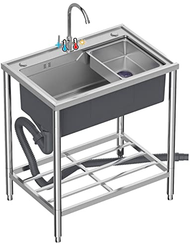 fregadero industrial de acero inoxidable de 1 compartimento con grifo de agua fría y caliente, fregadero de restaurante comercial para taller, profundidad 22cm