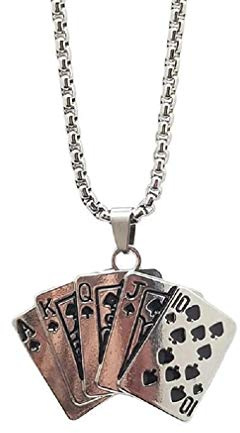 Collier Quinte royale pour hommes, Collier de cartes de poker affleurantes, Collier pendentif cartes à jouer avec chaîne de 27,6 po, Collier amulette porte-bonheur Piques Quinte royale Poker