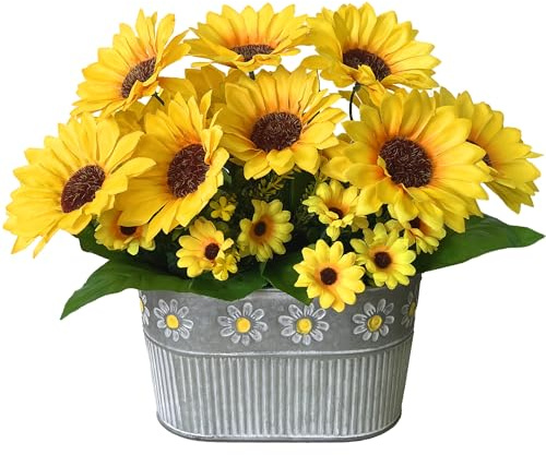 HOPEME Artificial Sunflowers in Rustic Metal Pot, Lifelike Silk Flower Arrangement for Farmhouse Home Décor, Artificial Flowers Table Centerpiece Decoration, 1 Pack