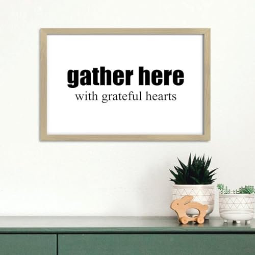 Rustikales Dekoschild mit Aufschrift Gather Here with Grateful Hearts zum Aufhängen, Holzrahmen, positive Schrift, religiös, christlich, gerahmt, Holzschild, Heimdekoration für Badezimmer, Fenster,