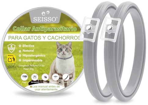 SEISSO 2 Collares Antipulgas para Gatos, Set de 2 Collar contra Pulgas y Garrapatas con 6-8 Meses de Protección, Collar Antiparasitario de 34.5cm Ajustable para Perros Pequeños y Gatos, Gris