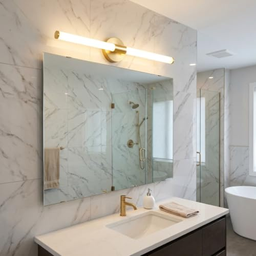 BARCELONA LED. Aplique de baño LED Dorado Tubular 60cm – 8W, 720lm, IP44 – Luz Blanca Neutra 4000K – Iluminación moderna y eficiente. Lámpara de Pared sobre espejo de baño