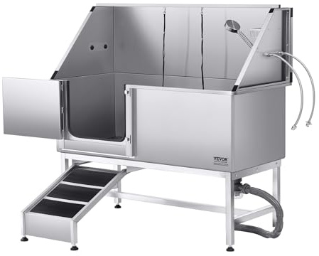 VEVOR Baignoire de Chien Acier Inoxydable, Baignoire de Toilettage pour Animaux de Compagnie 150 cm Station de Lavage Chat, avec Rampe, Panneau Filtre à Eau, Robinet, Pommeau de Douche, Porte Gauche