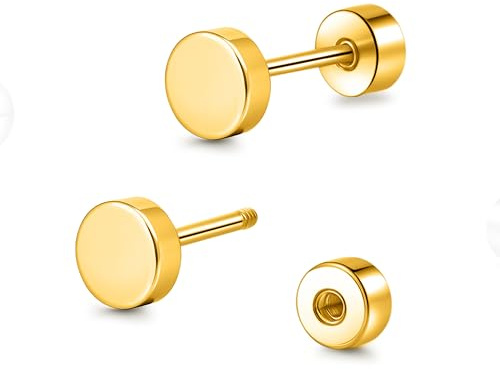 TitanHeart Hypoallergenic Titanium Screw Back Flat Back Dot Stud Earrings 3mm-5mm Simple Classic Helix Tragus Cartilage Earlobe Stud Earrings for Women Men(Gold,4mm)