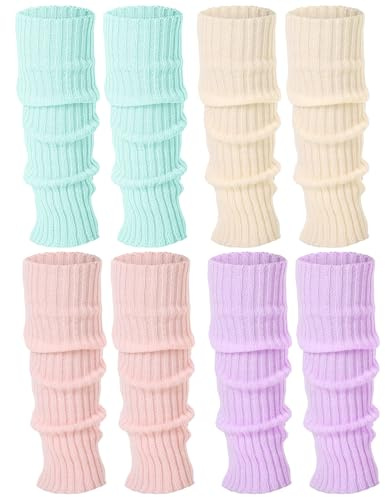 Ramede 4 Pairs Leg Warmers for Girls Kawaii Y2k 80s Japanese Loose Knitted Ribbed Leg Warmers Women Lolita Socks Cover(Light Blue, Purple, Light Pink, Beige,Classic Style)