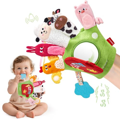 hahaland Baby Toys 6-12 Months, Baby Sensory Toy with Mirror, Soft Farm Animal Hand Puppet for Toddlers, Interactive Plush Toy with Teether & Crinkle Sounds, Montessori Learning Toy for Boys & Girls