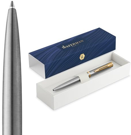 Waterman Impression Kugelschreiber | Mittlere Spitze mit blauer Tintenmine | Edelstahl mit goldbeschichtetem Zierrat | Geschenkbox