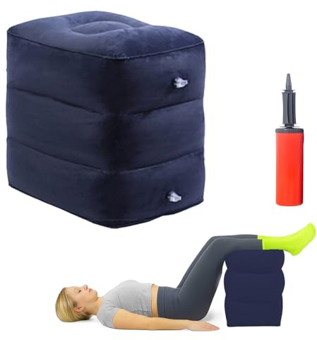Bandscheibenwürfel Aufblasbar mit Pumpe, Stufenlagerungswürfel, Schaumstoffwürfel, Aufblasbarer Hocker, Fußstütze Flugzeug Kinder (Dunkelblau, 3 Schichten)