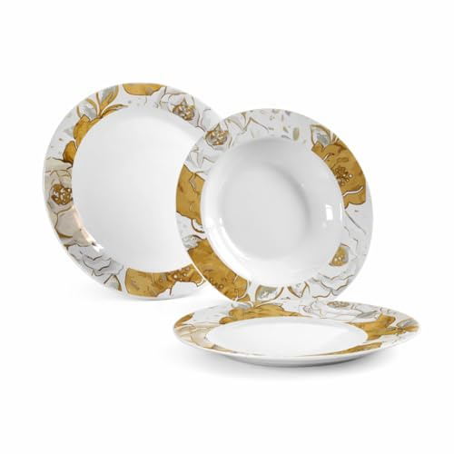 Ma Maison Servizio Piatti 18 Pezzi in Porcellana Lux, Set Tavola 6 Coperti 6 Piani 6 Fondi 6 Dessert Con Decorazione - (Fiori Oro)