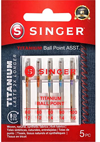 SINGER Titanium Ball Point Needles, 80/11-100/16, 5Ct, for Knit Fabric