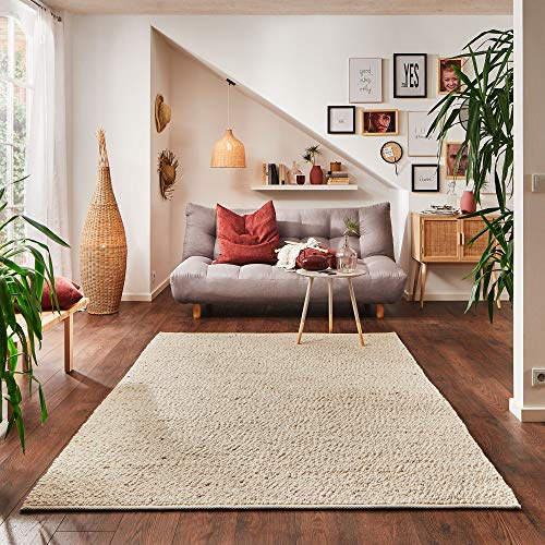 Steffensmeier Handwebteppich Rotach | Schurwolle Mit Fusselstopp, gewalkt, Natur, handgewebt, Größe: 200x200 cm Wohnzimmer und Schlafzimmer
