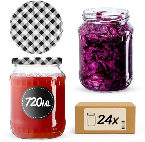 KADAX Konserveringsburkar, syltburkar 720 ml, konserveringsburkar med skruvlock, glas med skruvlock, konserveringsburkar, förvaringsburkar att sätta i (svart rutig/24 stycken)