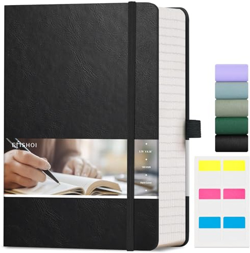 EMSHOI Notizbuch A5-400 Seiten, 100 g/m² dicker Notizblock, liniertes Tagebuch, Hardcover, veganes Leder, liniert, Notizbuch, täglich für Damen, Herren, Arbeit, Schule, Büro, Schreiben, Haftnotizen
