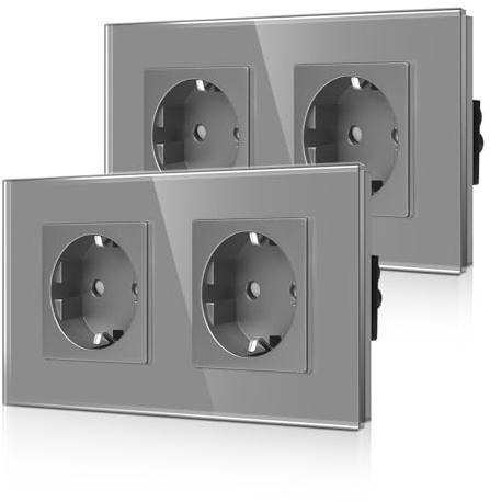 CNBINGO 2-Pack Schuko Doppelsteckdose Unterputz, Glasrahmen Grau | 2-Fach Steckdose mit Kindersicherung, Zweifach Schutzkontakt Wandsteckdose, Horizontale und Vertikale DIY-Montage