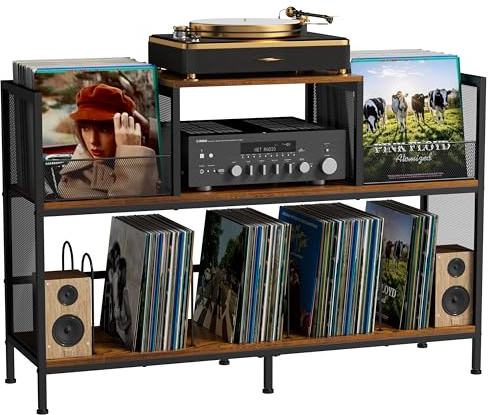 Large Vintage Record Player Table with 4 Adjustable Dividers, Vinyl Record Storage Cabinet for Up to 350 Albums, Medieval Turntable Stand for Living Room, Bedroom (Patent Pending)