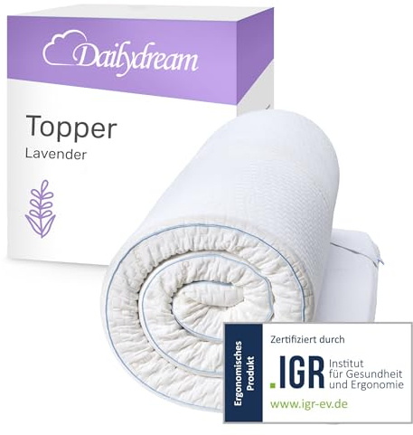 Dailydream Matratzen Topper 180x200cm | Memory Foam | 5cm hoch | Edition Lavender, Model M | Zertifiziert & ergonomisch für unbequeme Matratze, Boxspringbett & Gästebett | Mattress Topper 180x200