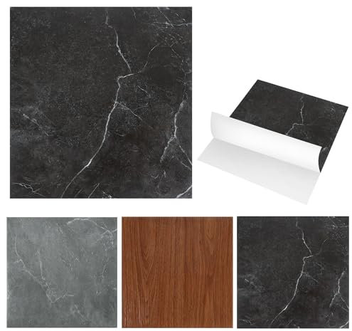Fiqops Revêtement de sol en PVC autocollant - 30 x 30 cm - 11 dalles de 1 m² - Sol en vinyle imperméable - Antidérapant - Découpable - Aspect carrelage - Pour porte d'entrée et cuisine - Marbre noir