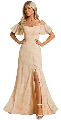 Ever-Pretty Abiti da Damigella d'Onore Lunghi in Chiffon Maniche Corte Abito da Cerimonia con Spacco Laterale Rosa Dorata 42