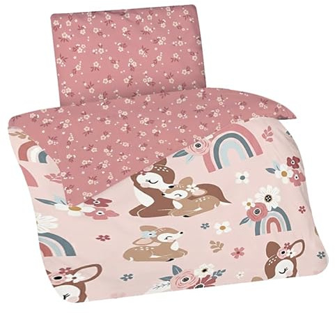 Aminata kids Kinderbettwäsche 100x135 cm für Mädchen mit REH-Kitz - Waldtiere Tier-Motiv Kinder-Wende-Bettwäsche-Set aus 100% Baumwolle