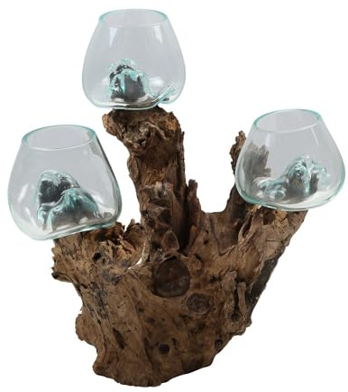 3er Glasvase auf Wurzelholz Ø 12cm x Höhe 45cm aus Recycling Glas & Teak Wurzel Holz handgefertigt | extravagante Wohndeko Deko-Vase Glasschale Natur-Vase | A30