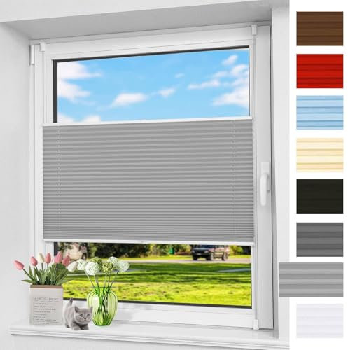 Plissee Klemmfix Ohne Bohren 90 x 140 cm Verdunklungsplissee Uv-Schutz Faltrollo, Jalousie Zum Klemmen mit Klemmträger Easyfix für Fenster Und Tür, Hellgrau