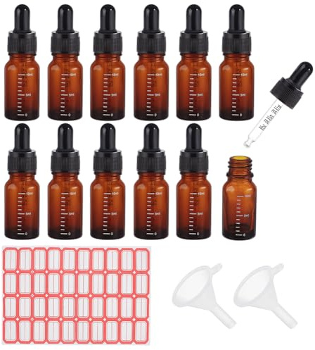 PH PandaHall 10 ml droppflaska i glas, 12 st glasflaskor med droppar, bruna droppflaskor med etiketter och tratt, glastinkturflaskor med gradvis för eteriska oljor, parfymer, aromaterapi
