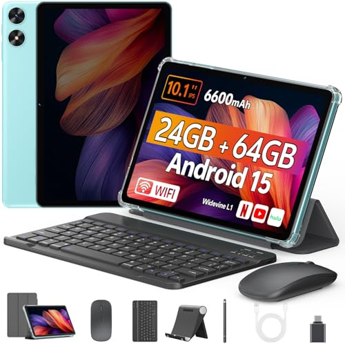 FIRYMID Android Tablet with Keyboard, 24GB+64GB, 1TB Expand, 10 Inch Android 15 Tablet with 1.8Ghz CPU, 2MP + 8MP Camera, 10H Battery, 5G WiFi, BT5.3, Widevine L1, Split Screen, Case, Mouse, Stylus