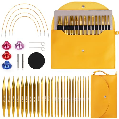 Coopay Auswechselbare Rundstricknadeln Set, 3,0-10,0 mm Rundstricknadel (4 Längen verstellbar), Stricknadeln Rundstricknadel mit Aufbewahrungstasche,Austauschbare Rundstricknadeln,Gold