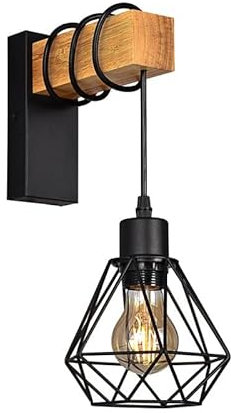 B·LED BARCELONA LED Lampada da parete vintage, lampada retrò in acciaio e legno, attacco E27 LM135-N_FBM, nero [lampadina non inclusa]