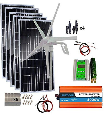 AUECOOR 900W Solar Wind Power Hybrid Kit Home Off-Grid System for Charging 12V 24V Battery：400W Wind Turbine Generator + 500W Monocrystalline Solar Panel +1000W Inverter+Accessory