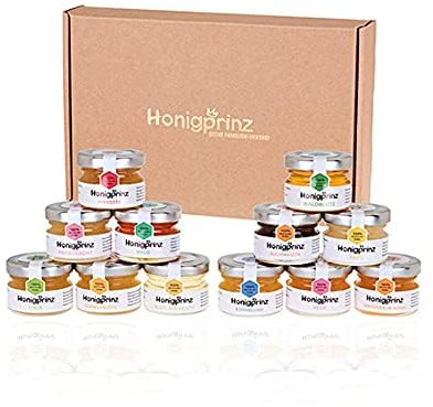 Honigprinz 28g Honiggläser 12er Set in Tasty Pott Schachtel- Familien-Imkerei - 100% Deutscher Honig - Probierset/Geschenk Set - ideal zum Verschenken