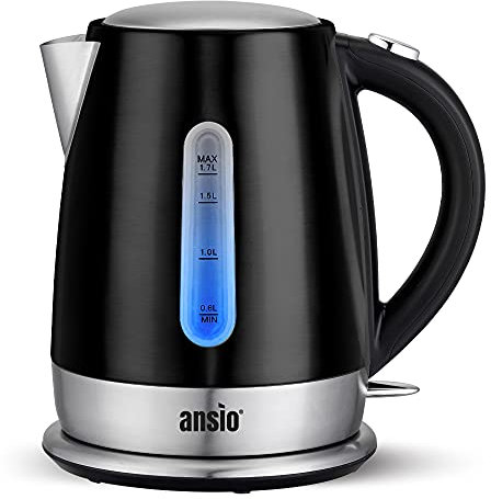 ANSIO Hervidor Agua Electrico Acero Inoxidable, 1,7 L Hervidor de agua con Filtro Antical, 3000W tetera electrica, Protección contra ebullición en seco y Apagado automático-negro