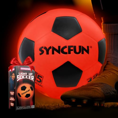 SYNCFUN Reflekterande Fotboll - Officiell Holografisk Lysande i Mörkret Storlek 5 för Utomhus - Gåva för Barn Med Extra Batterier