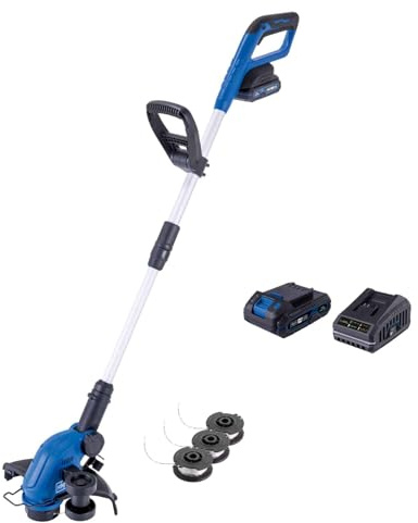 Scheppach Akku-Rasentrimmer C-LT300-X 20V Kantenschneider | Schnittbreite 300mm | Fadenlänge 3m | Höhenverstellung bis 270mm | Neigung 0°- 90° | 2 Fadenspulen | mit 2Ah Akku, Ladegerät & Ersatzspule