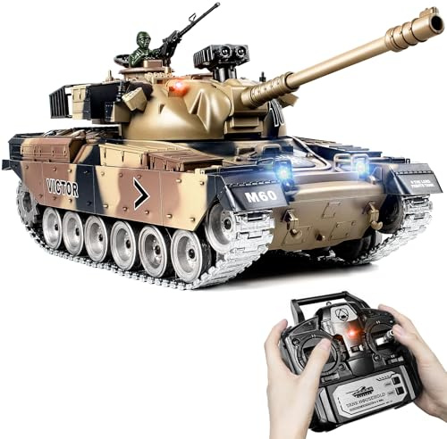 Carro Armato RC M60, 1:18 Telecomando Carro Armato con Cingoli in Metallo e Sospensioni Indipendenti, Desert Camo, Telecomando 2.4GHz, Spara BB, Fumo e Suoni, Giocattolo Militare per Adulti e Bambini