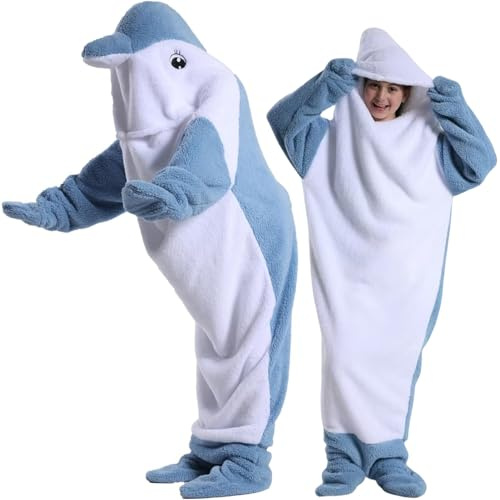 HULG Dolphin Blanket Onesie Adults - Soft Cozy Dolphin Blanket - Wearable Fleece Throw Flannel Dolphin Tail Hoodie - Oversized Dolphin Sleeping Bags Costume For (Blue,XL)