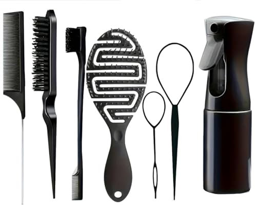 Cepillo Desrizante, Pulverizador, peine de cerdas, cepillo desenredador para cabello natural, cepillos tupier Accesorios para Coletas y Trenzas, guia de peinados- Set peluqueria