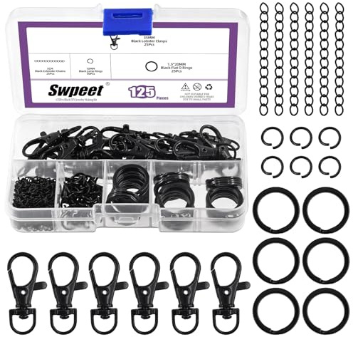 Swpeet Set di 125 portachiavi neri, 25 ganci girevoli per cordino, anello portachiavi 25P, catene di estensione 25P, anelli di salto aperti 50P, chiusure a moschettone girevoli, clip portachiavi