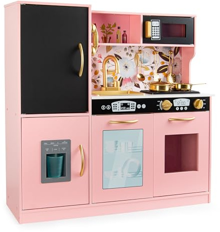 Leomark Cuisine en Bois MEMO Pink pour Enfants : Lumières et Sons Réalistes, L’Allié Chic et Ludique pour Les Petits Chefs - Stimulation de la Créativité avec Accessoires Dorés !