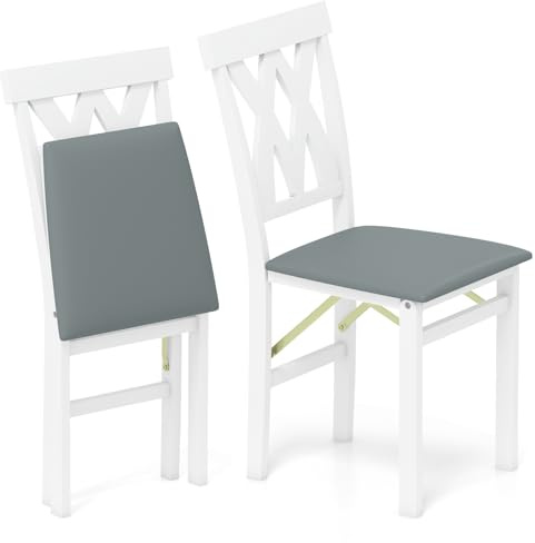TANGZON Folding Chairs Set of 2, Padded Foldable Dining Chairs with PVC Leather Exterior & Rubber Wood Frame, Easy Storage Upholstered Guest Conference Seats for Home Dining Living Room (Gray+White)
